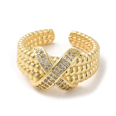 Rack Plating Real 18K Gold Plated Brass Criss Cross Open Cuff Rings RJEW-B048-06G-1