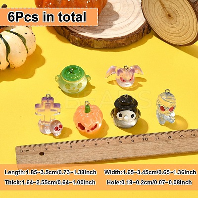 6Pcs 6 Styles Halloween Transparent Resin Pendants CRES-YW0002-61-1