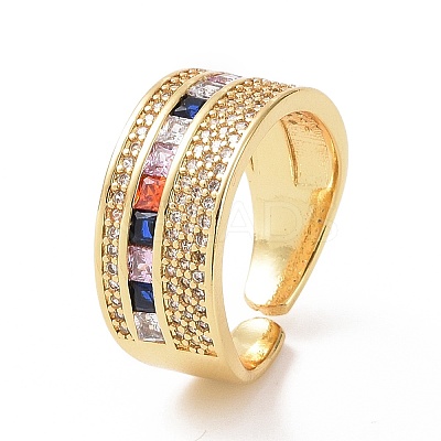 Colorful Cubic Zirconia Rectangle Open Cuff Ring RJEW-C002-03G-1