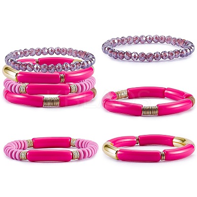 4Pcs 4 Style Acrylic Chunky Curved Tube Stretch Bracelet Sets BJEW-SW00074-01-1