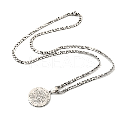Non-Tarnish Flat Round with Saint Miller Archangel Pendant Necklaces LS-NJEW-S422-03P-1