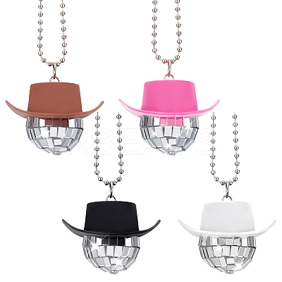 4Pcs 4 Colors Plastic Cap with Glass Disco Ball Pendant Necklace with Iron Ball Chains NJEW-GA0001-06-1