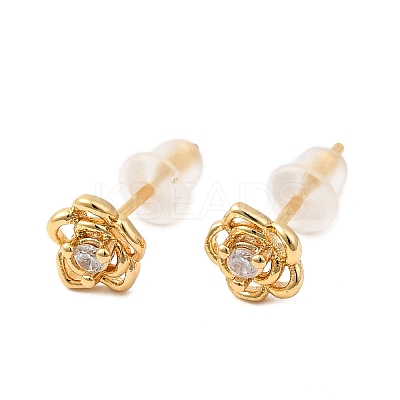 Flower Brass Micro Pave Clear Cubic Zirconia Stud Earrings EJEW-P331-05G-1