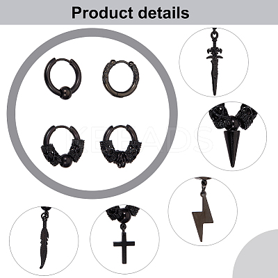 18Pcs 9 Style 304 Stainless Steel Cone & Column Beaded Hoop Earrings EJEW-AN0003-34-1
