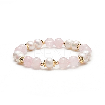 Natural Rose Quartz & Pearl Round Beaded Stretch Bracelet for Women BJEW-JB09246-03-1