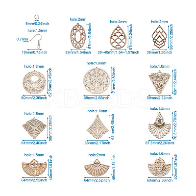 48Pcs 12 Style Undyed Natural Wooden Big Pendants WOOD-MP0001-01-1