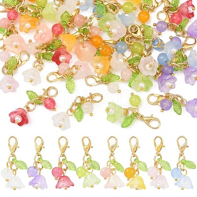 40Pcs 8 Styles Natural Yellow Jade & Natural White Jade & Malaysia Jade & Glass & Acrylic Pearl Flower Pendant Decorations HJEW-YW00156-1