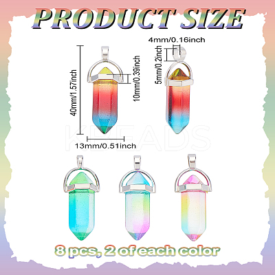 8Pcs 4 Colors Glass Double Terminal Pointed Pendants GLAA-LP0001-19-1
