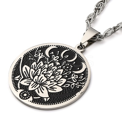 201 Stainless Steel Lunar Lotus Talisman Pendant Necklaces NJEW-S007-21P-1