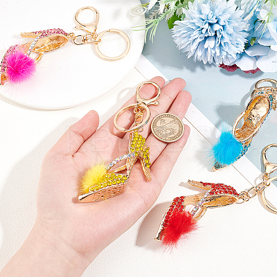 4Pcs 4 Colors Fur Ball High Heels Shoes Rhinestones Pendant Keychain KEYC-GA0001-28-1