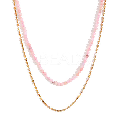18K Gold Plated Stainless Steel & Natural Pink Opal Beaded Double Layer Necklaces for Women QW1726-4-1