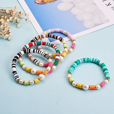 5Pcs 5 Colors Polymer Clay Heishi Beaded Stretch Bracelets Sets BJEW-SZ0001-55-1