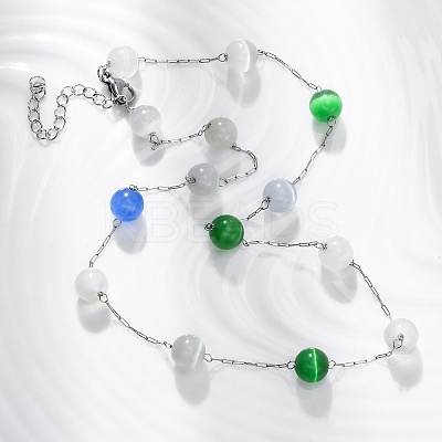 304 Stainless Steel Cat Eye Round Beads Handmade Chain Necklaces for Women NJEW-C073-01P-07-1
