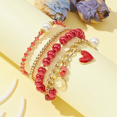 4Pcs 4 Style Glass & Shell Pearl Beaded Stretch Bracelets Set BJEW-TA00289-1