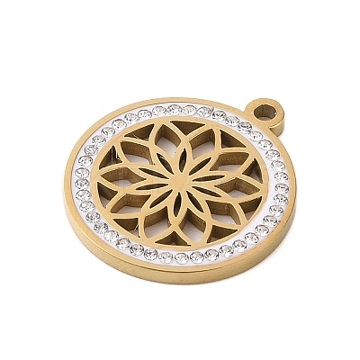 Preserved Fresh Flower 304 Stainless Steel Rhinestone Pendants STAS-S139-01G-04-1
