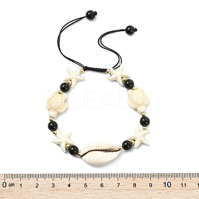 2Pcs Natural Cowrie Shell & Black Tourmaline & Malaysia Jade Beads & Synthetic Turquoise Beaded Adjustable Bracelets Set for Women BJEW-JB13917-1