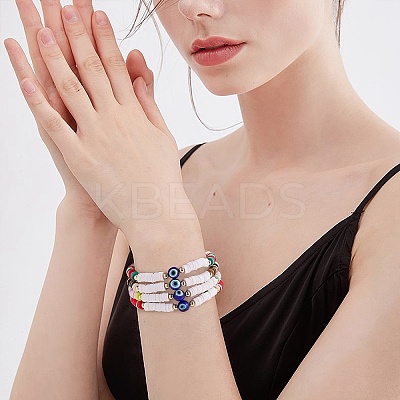12Pcs 12 Colors Handmade Polymer Clay Heisih Beaded Stretch Bracelets Set with Evil Eye BJEW-SW00034-1