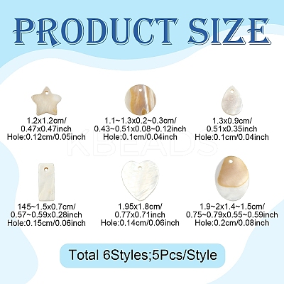 30Pcs 6 Styles Natural Freshwater Shell Pendants Sets SHEL-YW0001-11-1