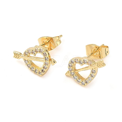 Heart Brass Micro Pave Clear Cubic Zirconia Stud Earrings EJEW-Z144-12G-1