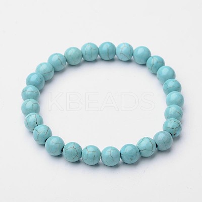Round Synthetic Turquoise Beaded Stretch Bracelets BJEW-O118-01-1