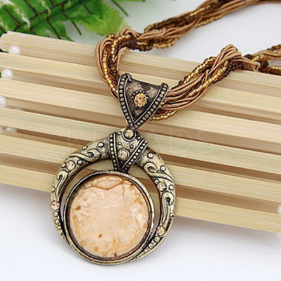 Bohemian Style Flat Round Alloy & Resin Imitation Gems Pendant Necklaces WG23E28-05-1