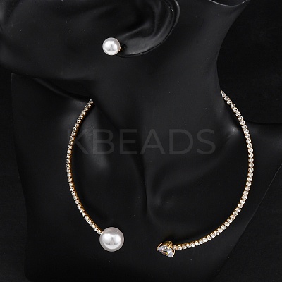 Round Plastic Imitation Pearl Stud Earrings & Heart Cubic Zirconia Rhinestone Cuff Choker Necklaces Sets SJEW-U003-10G-1