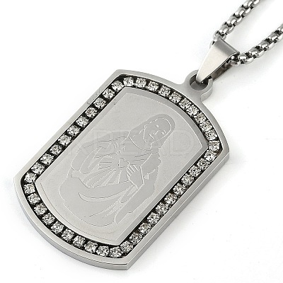 201 Stainless Steel Micro Pave Clear Cubic Zirconia Virgin Mary Rectangle Pendant Necklaces NJEW-D089-07P-1