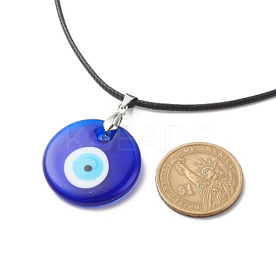 Blue Lampwork Evil Eye Pendant Necklace with Waxed Cord for Women NJEW-JN03955-04-1