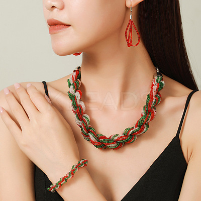 Christmas Glass Seed Beaded Multilayer Necklaces & Teardrop Dangle Earrings & Bracelets Sets WG44FFB-01-1