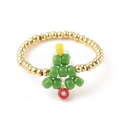 Christmas Tree Glass Seed & Brass Beaded Finger Ring RJEW-TA00038-1