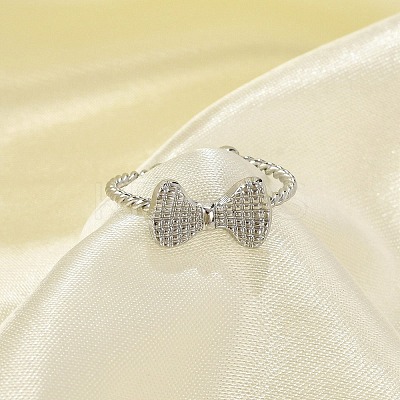 Bowknot 304 Stainless Steel Open Cuff Rings for Women RJEW-G338-08P-1