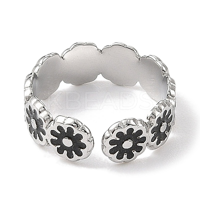 Flower 304 Stainless Steel Enamel Open Cuff Rings for Women RJEW-F166-31P-01-1