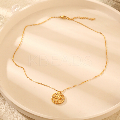 Stylish 304 Stainless Steel Crystal Rhinestone Flat Round with Tree Pendant Necklaces for Women LJ7158-2-1