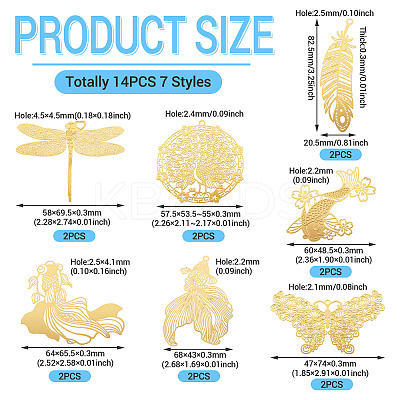 14Pcs 7 Styles Brass Filigree Big Pendants KKC-TA0001-06-1