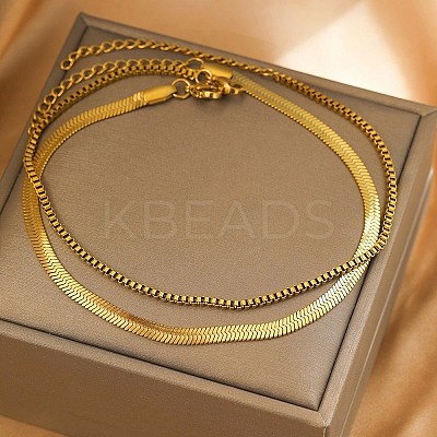 304 Stainless Steel Flat Snake Chain & Box Chain Double Layer Anklets for Women LS-AJEW-F069-02G-1