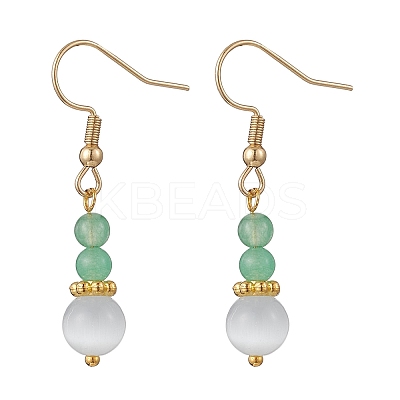 Round Natural Malaysia Jade & Cat Eye Beaded Dangle Earrings EJEW-JE06472-1