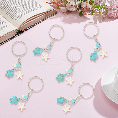 20Pcs Turtle with Starfish Synthetic Turquoise Pendant Keychains KEYC-CP0001-47A-1