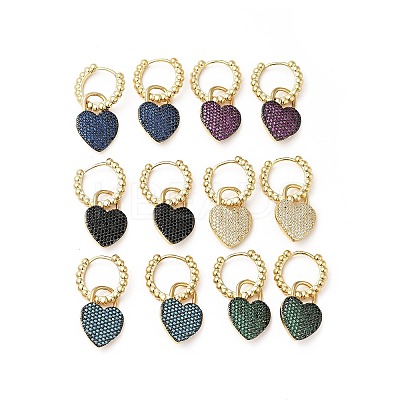 Cubic Zirconia Heart Padlock Dangle Hoop Earrings KK-E060-01G-1