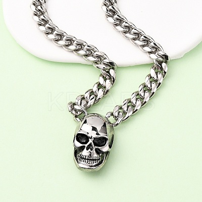 304 Stainless Steel Skull Pendant Cuban Link Chain Necklaces NJEW-C099-06AS-1