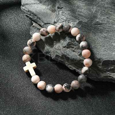 Natural Pink Zebra Jasper & Synthetic Turquoise Cross Beaded Stretch Bracelet BJEW-JB09791-1