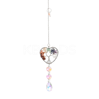 Wire Wrapped Chakra Natural Mixed Stone Heart with Tree of Life Pendant Decorations HJEW-K046-02P-03-1