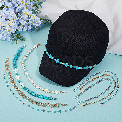 8Pcs 8 Styles Synthetic Turquoise Cross & Natural Trochid Shell & Natural Turquoise & Aluminum & 304 Stainless Steel Baseball Cap Chain HJEW-SC0002-39-1