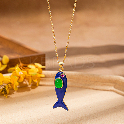Brass Pave Cubic Zirconia Fish Shape Pendant Necklaces for Women CZ1048-2-1