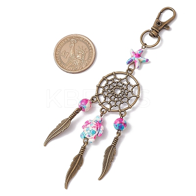 Synthetic Turquoise Starfish Turtle & Alloy Woven Net/Web with Feather Pendant Decorations HJEW-JM03126-1