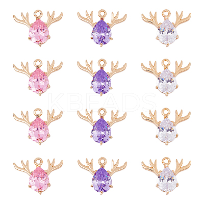 12Pcs 3 Colors Brass Glass Rhinestone Pendants GLAA-FH0001-82-1