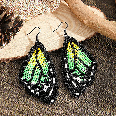 Bohemian Style Green Butterfly Wing Glass Bead Handmade Dangle Earrings FV2215-1