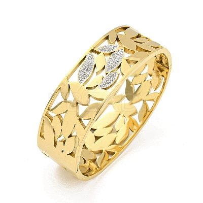 304 Stainless Steel Pave Crystal Rhinestone Hollow Out Leaf Hinged Bangles for Women BJEW-D044-03B-G-1