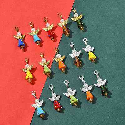 8Pcs Christmas Angel Handmade Lampwork & ABS Plastic Imitation Pearl Pendant Decorations HJEW-FS00065-1