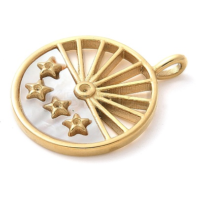 304 Stainless Steel Pave Natural White Shell Flat Round with Star Pendants STAS-Q345-32G-1