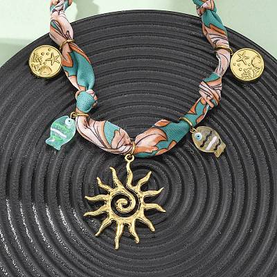 304 Stainless Steel Sun & Resin Fish Pendant Polyester Scarf Necklaces for Women NJEW-D340-03G-1